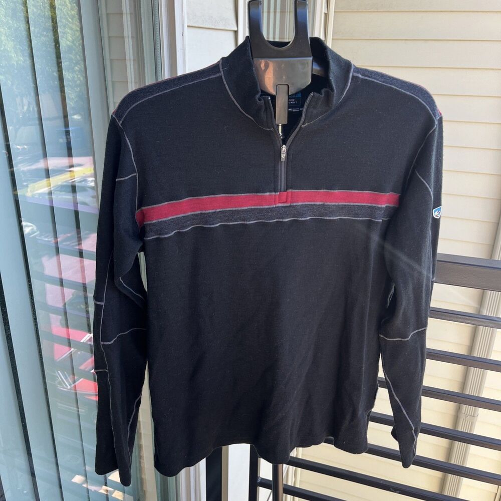 KUHL Downhill Racr Men's Large Pulliover Sweater Black Red 100% Merino Wool
